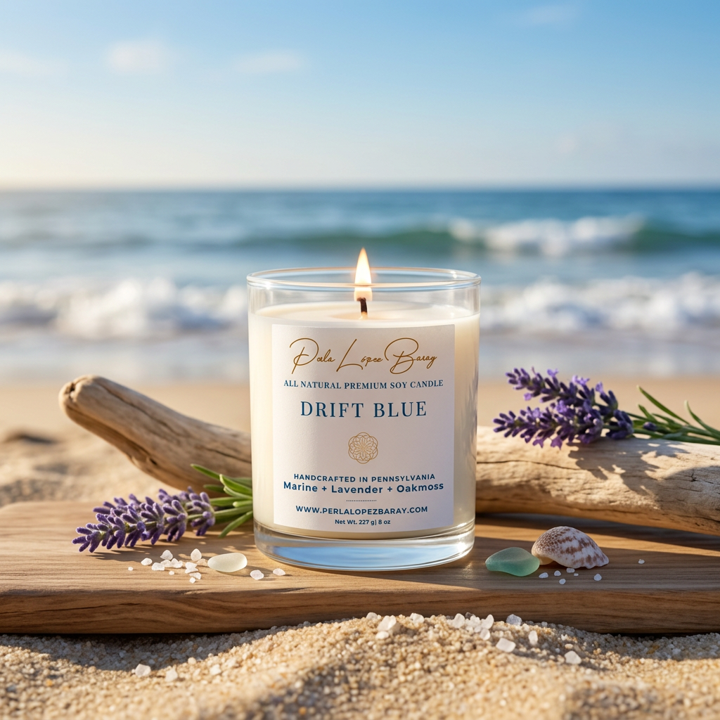 Lit Drift Blue marine scented candle in a luxurious coastal setting