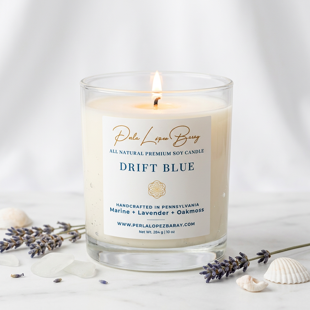 Drift Blue marine scented candle on a white background