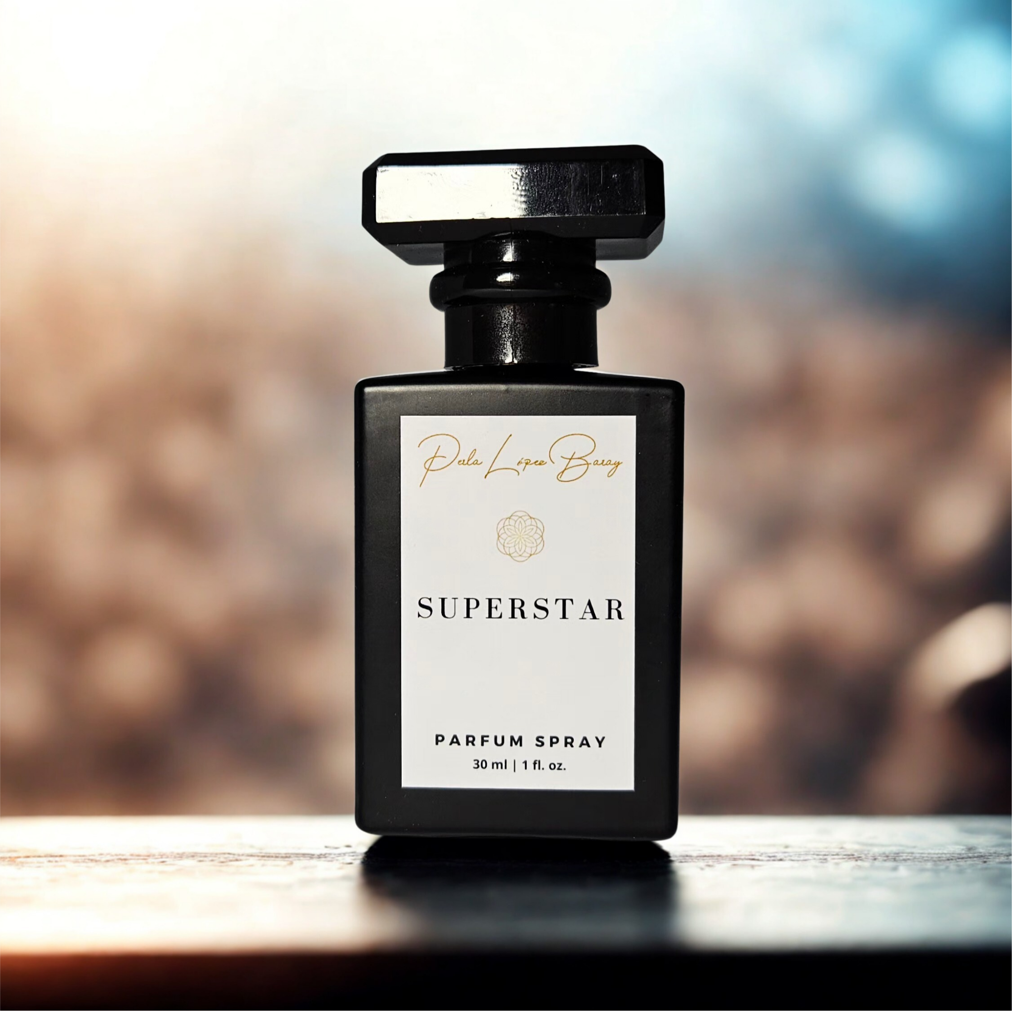 Superstar luxury men’s and unisex cologne displayed in an elegant black bottle to create a moody, artistic setting inspired by music, passion, and star power.